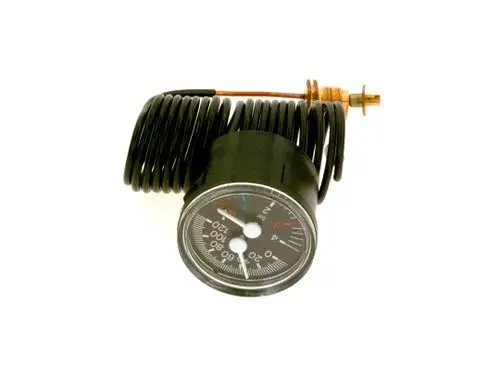 Thermomanometer von Bosch mit einer Skala zur Temperatur- und Druckmessung, schwarzes Gehäuse und eine gewickelte Sensorleitung für die Installation.